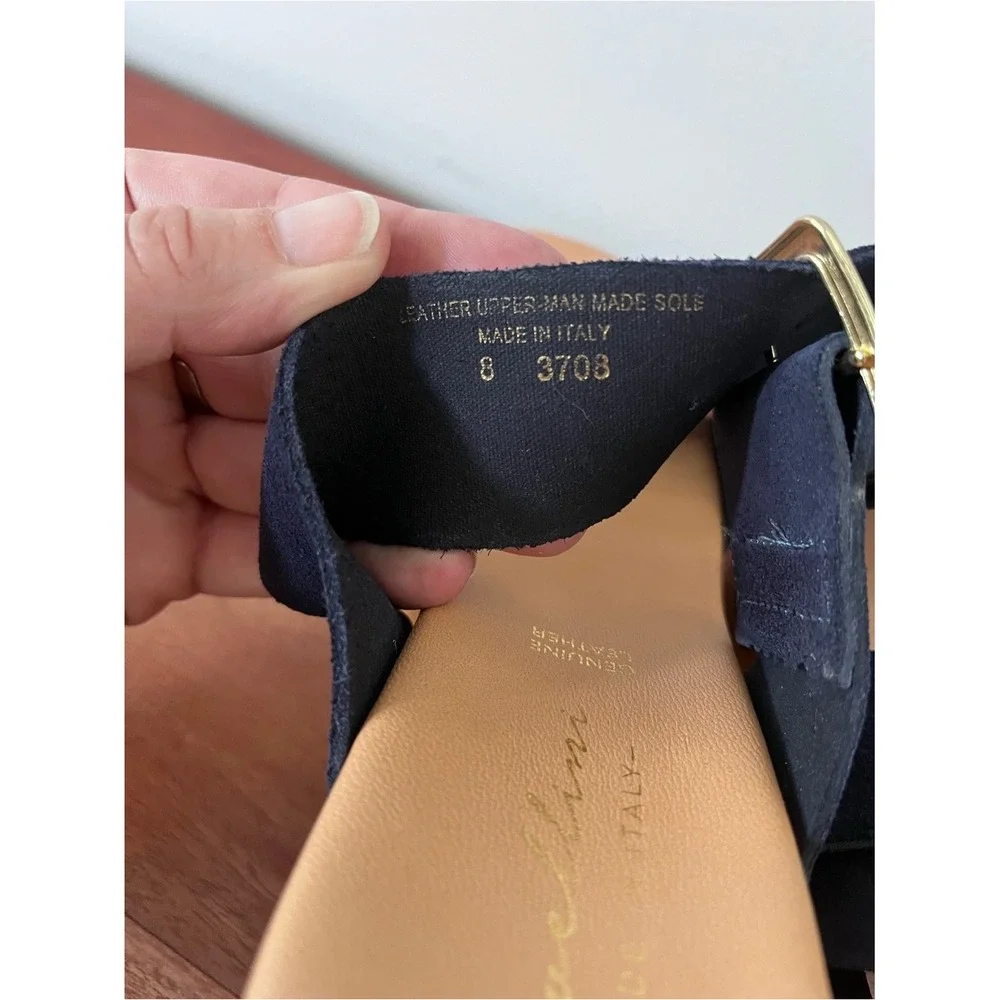 Avellino Italy Navy Blue Suede Wood Platform Block Heel‎ Sandals 39 8 3708